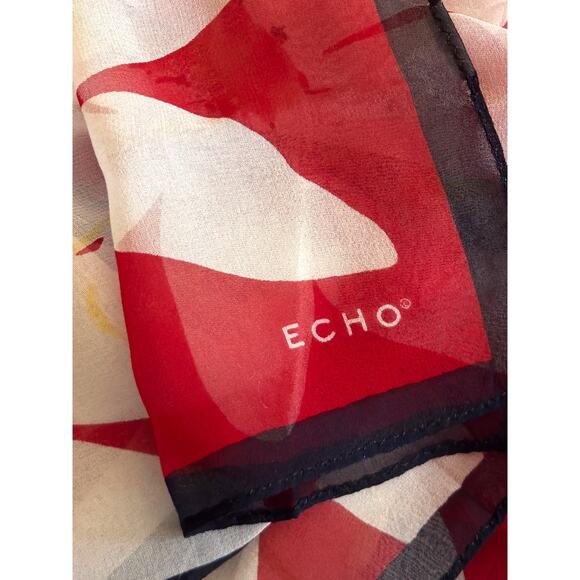 Echo Vintage Long Lightweight Flowy Scarf Red Blue White Floral Sheer - Picture 2 of 4